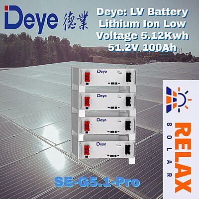 Deye: LV Battery Lithium Ion Low Voltage 5.12Kwh 51.2V 100Ah (Excludes Cables) (Lugs)